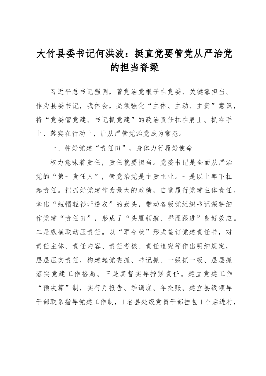 大竹县委书记何洪波:挺直党要管党从严治党的担当脊梁.doc,第1页预览