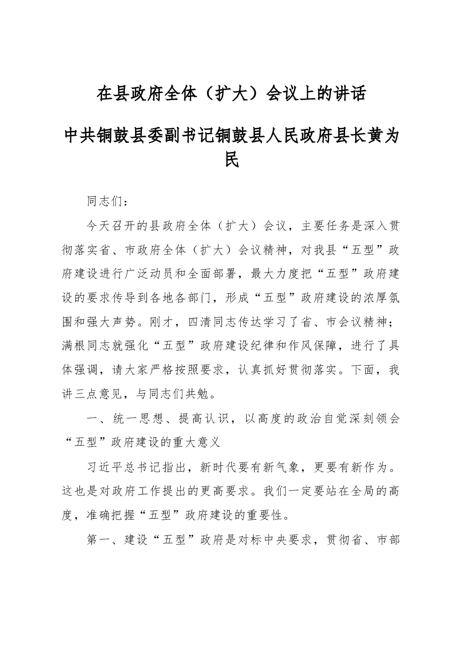 在铜鼓县政府全体(扩大)会议上的讲话.docx,第1页预览