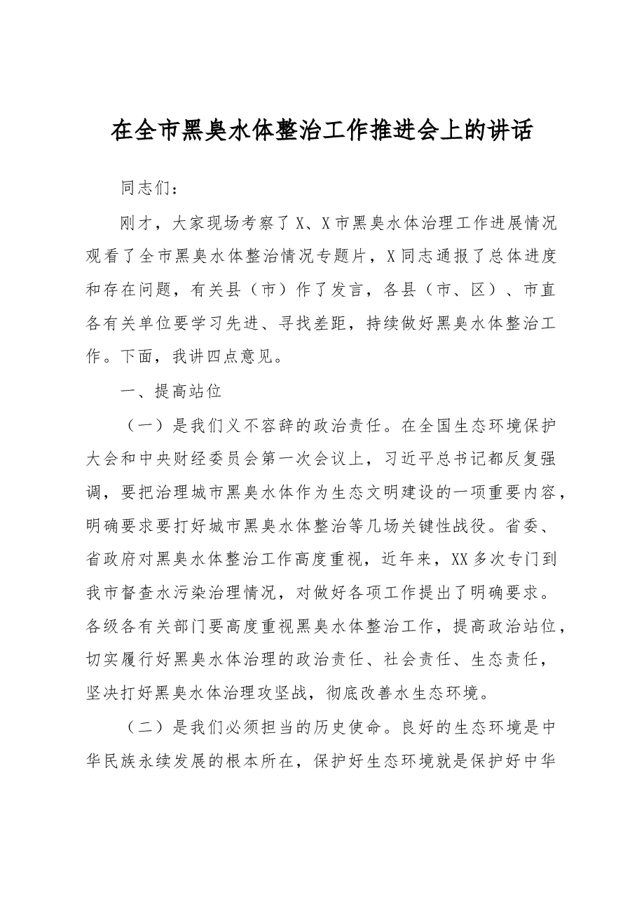 在全市黑臭水体整治工作推进会上的讲话.docx,第1页预览