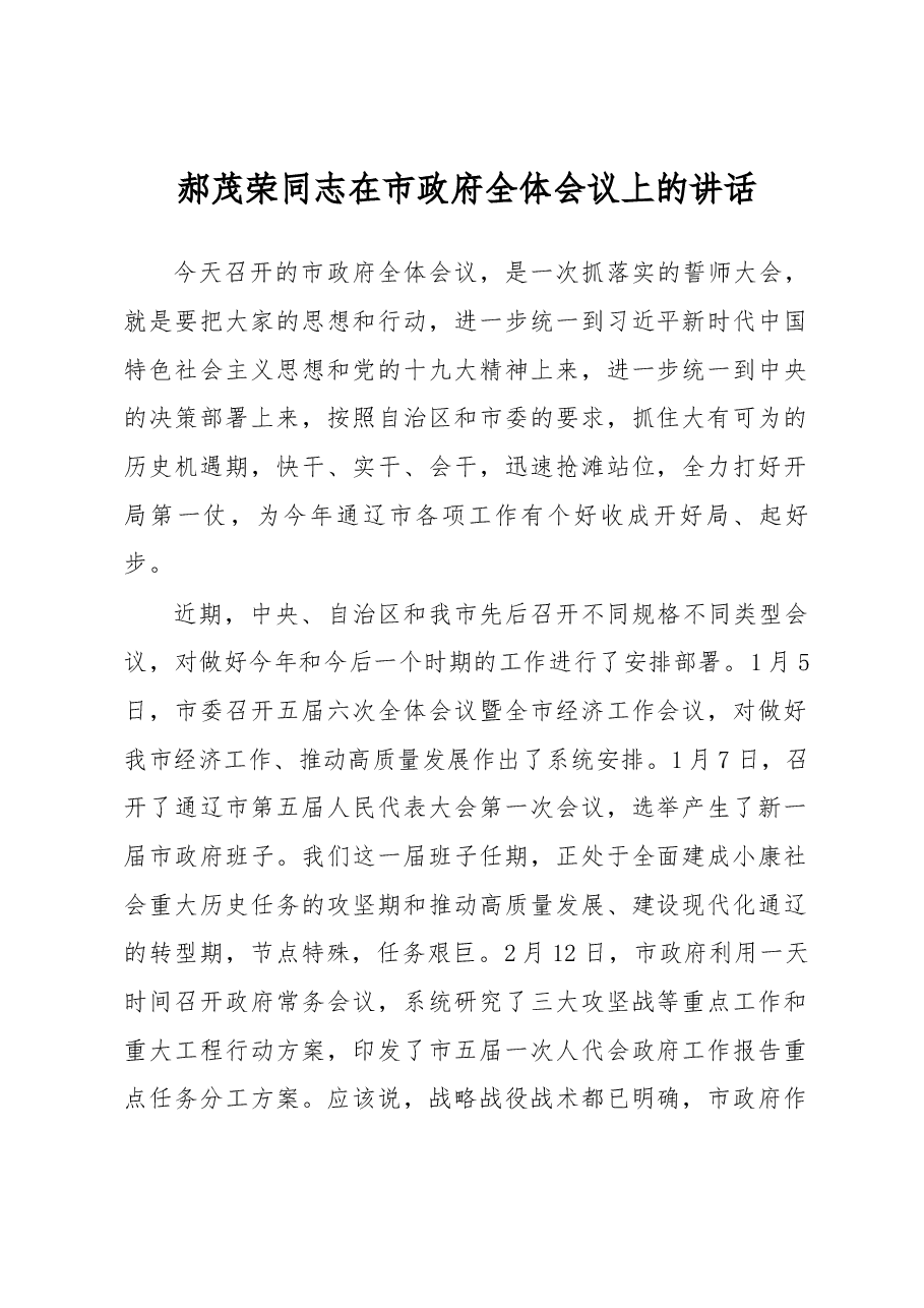 郝茂荣同志在市政府全体会议上的讲话.docx,第1页预览
