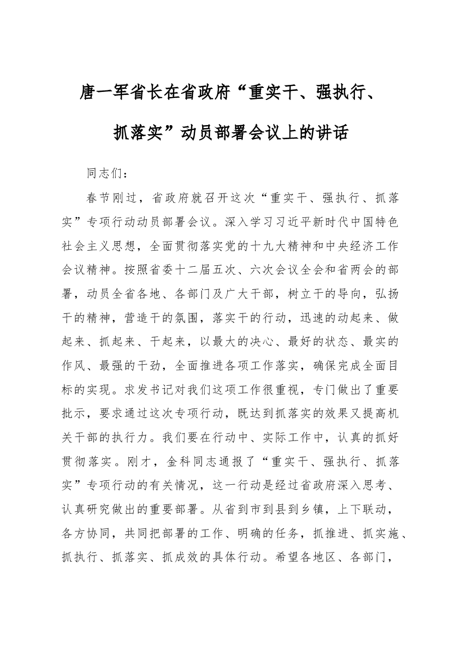 在省政府“重实干、强执行、抓落实”动员部署会议上的讲话.doc,第1页预览
