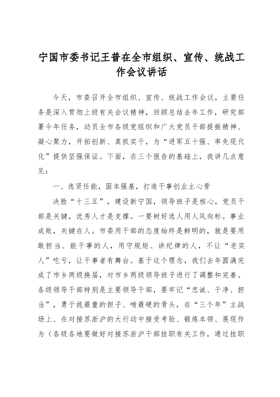 宁国市委书记王普在全市组织、宣传、统战工作会议讲话.docx,第1页预览