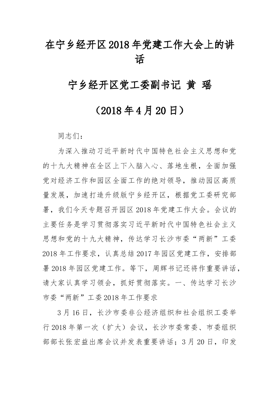 在宁乡经开区2018年党建工作大会上的讲话.docx,第1页预览