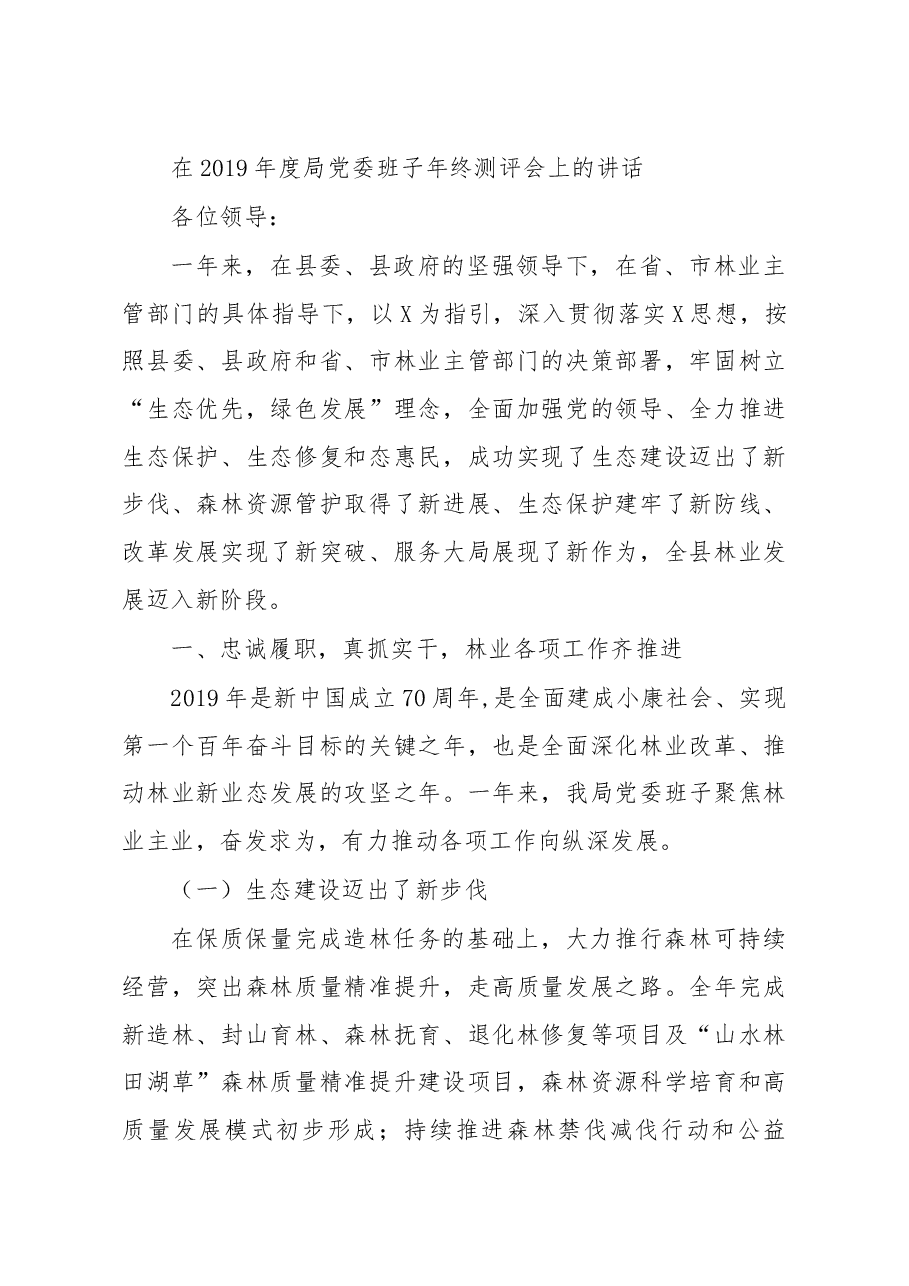 在2019年度局党委班子年终测评会上的讲话.docx,第1页预览