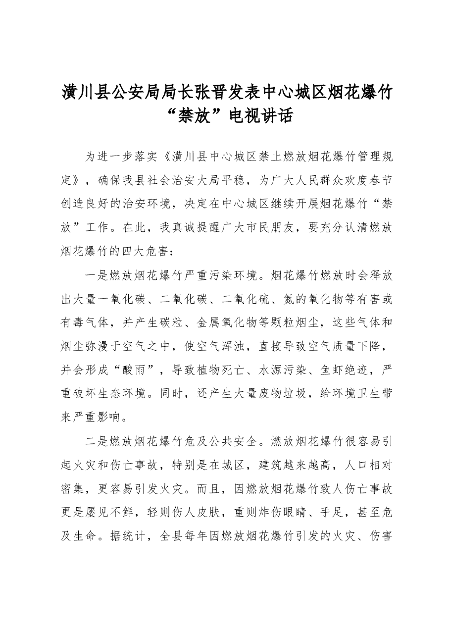 张晋:中心城区烟花爆竹“禁放”电视讲话摘要.docx,第1页预览