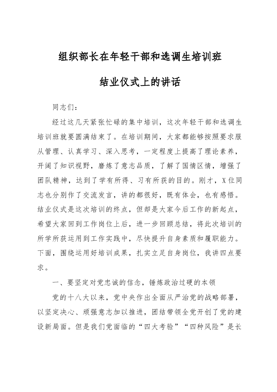 组织部长在年轻干部和选调生培训班结业仪式上的讲话.docx,第1页预览