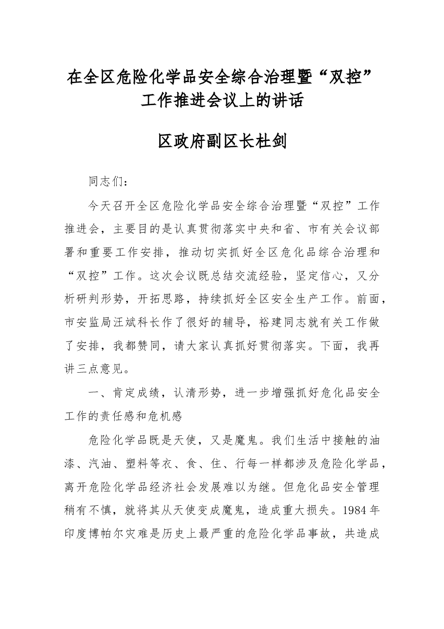 在全区危险化学品安全综合治理暨“双控”工作推进会议上的讲话.docx，第1页预览