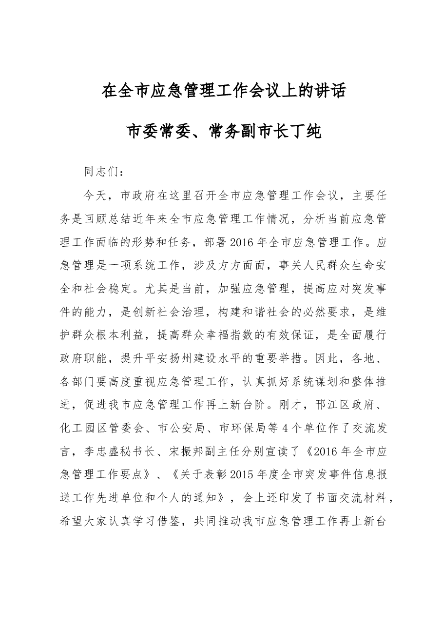 丁纯:在全市应急管理工作会议上的讲话.docx,第1页预览