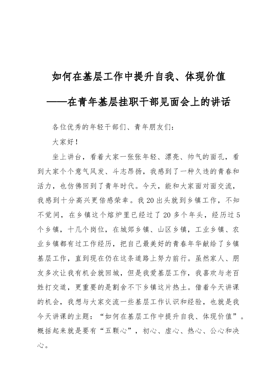 在青年基层挂职干部见面会上的讲话.docx,第1页预览