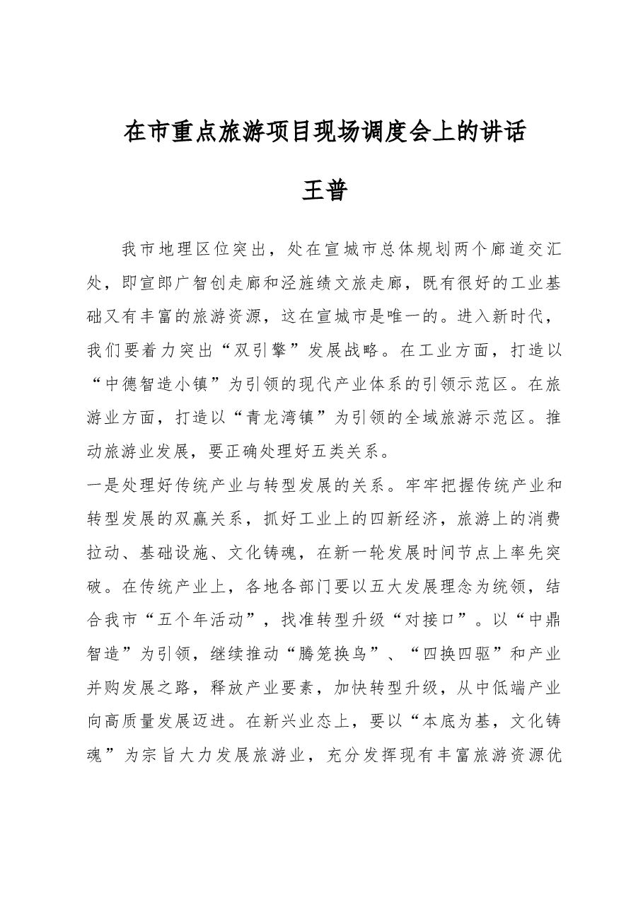王普同志在市重点旅游项目现场调度会上的讲话.docx,第1页预览