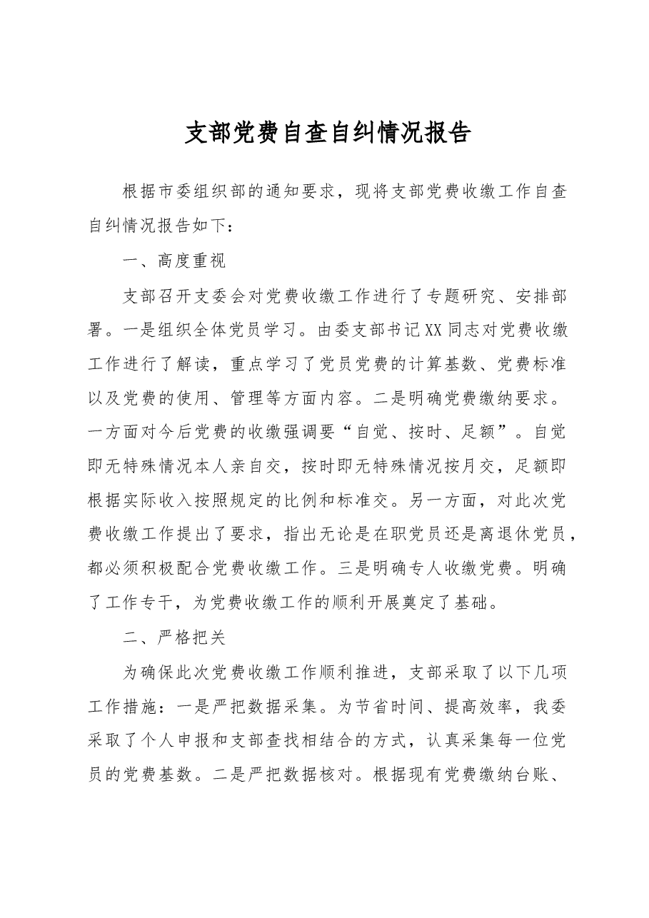 支部党费自查自纠情况报告.docx,第1页预览