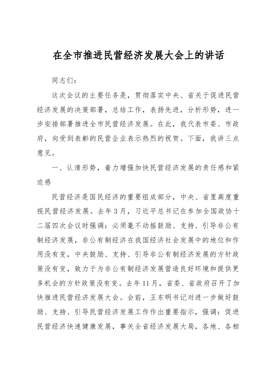 在全市推进民营经济发展大会上的讲话.doc,第1页预览