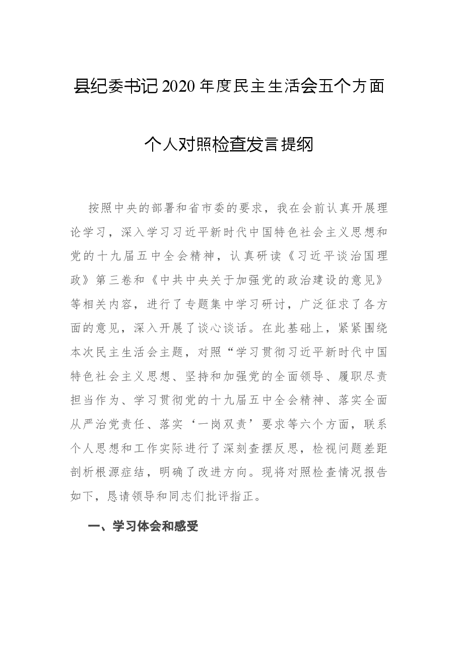 县纪委书记2020年度民主生活会五个方面个人对照检查发言提纲.docx,第1页预览