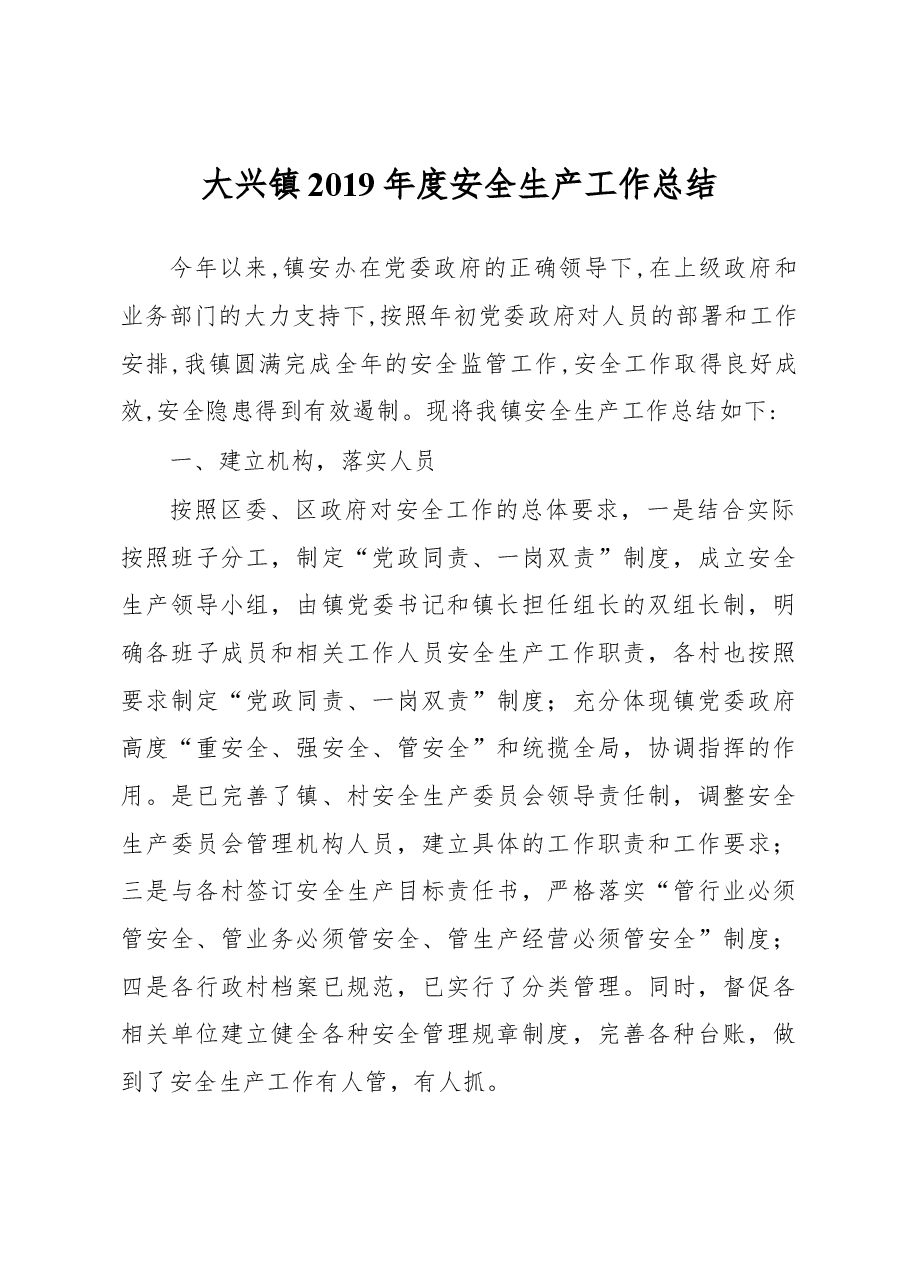 大兴镇2019年度安全生产工作总结.docx,第1页预览