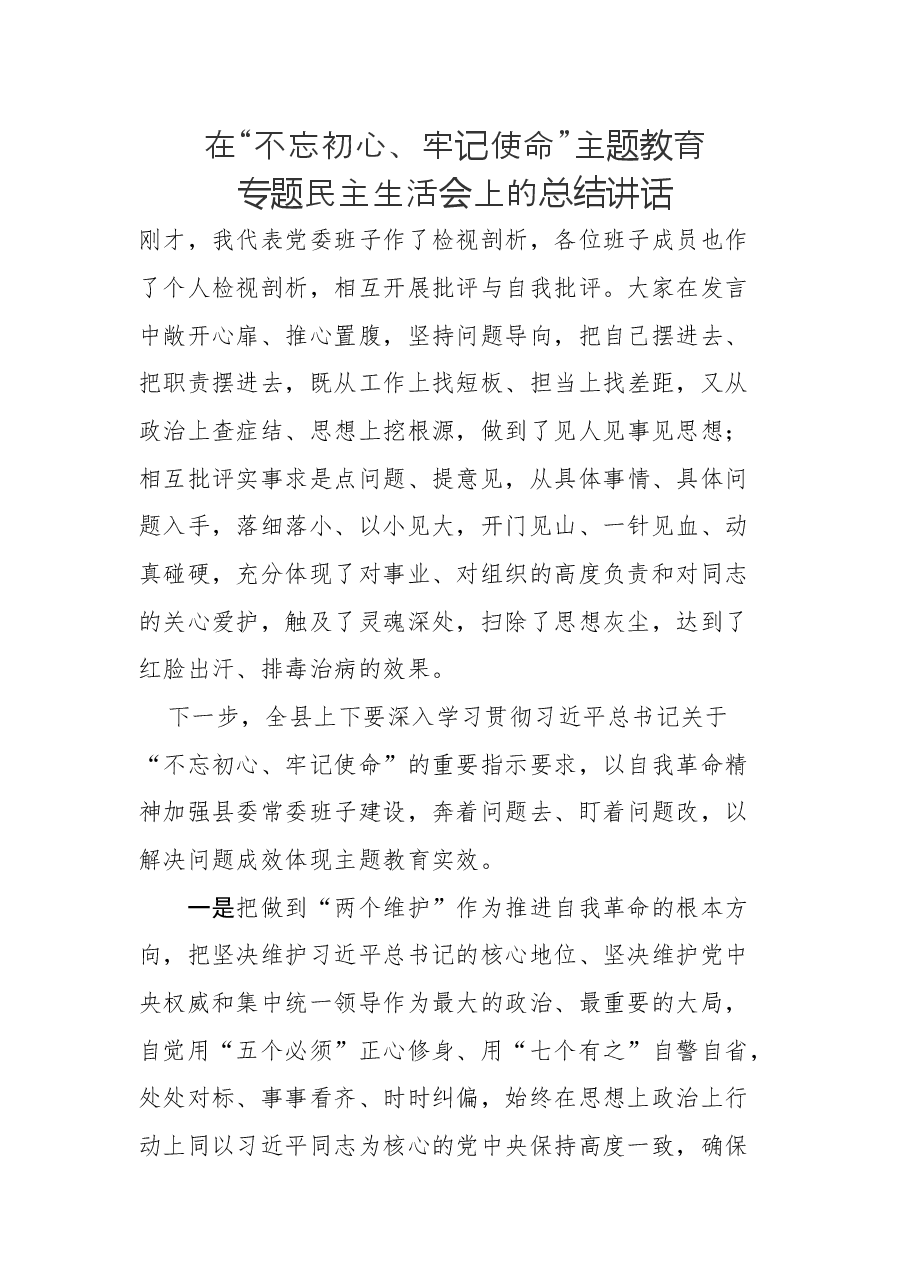 在不忘初心牢记使命主题教育专题民主生活会上的总结讲话.docx,第1页预览