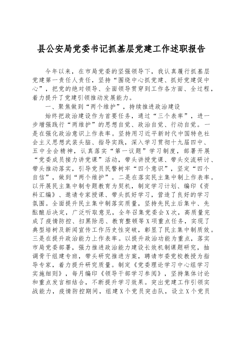 县公安局党委书记抓基层党建工作述职报告.docx,第1页预览