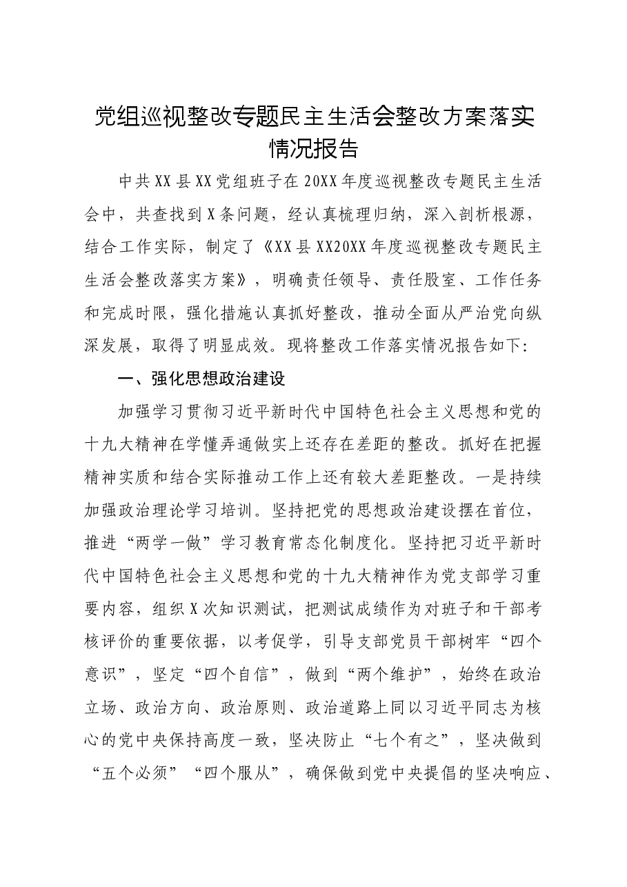 党组巡视整改专题民主生活会整改方案落实情况报告.docx,第1页预览