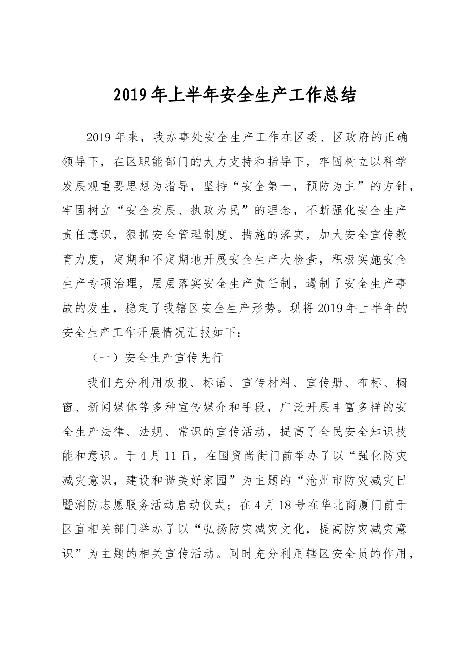 2019年上半年安全生产工作总结.docx,第1页预览