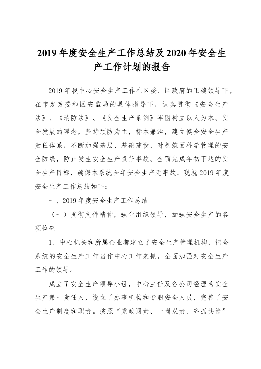 2019年度安全生产工作总结及2020年安全生产工作计划的报告.docx,第1页预览