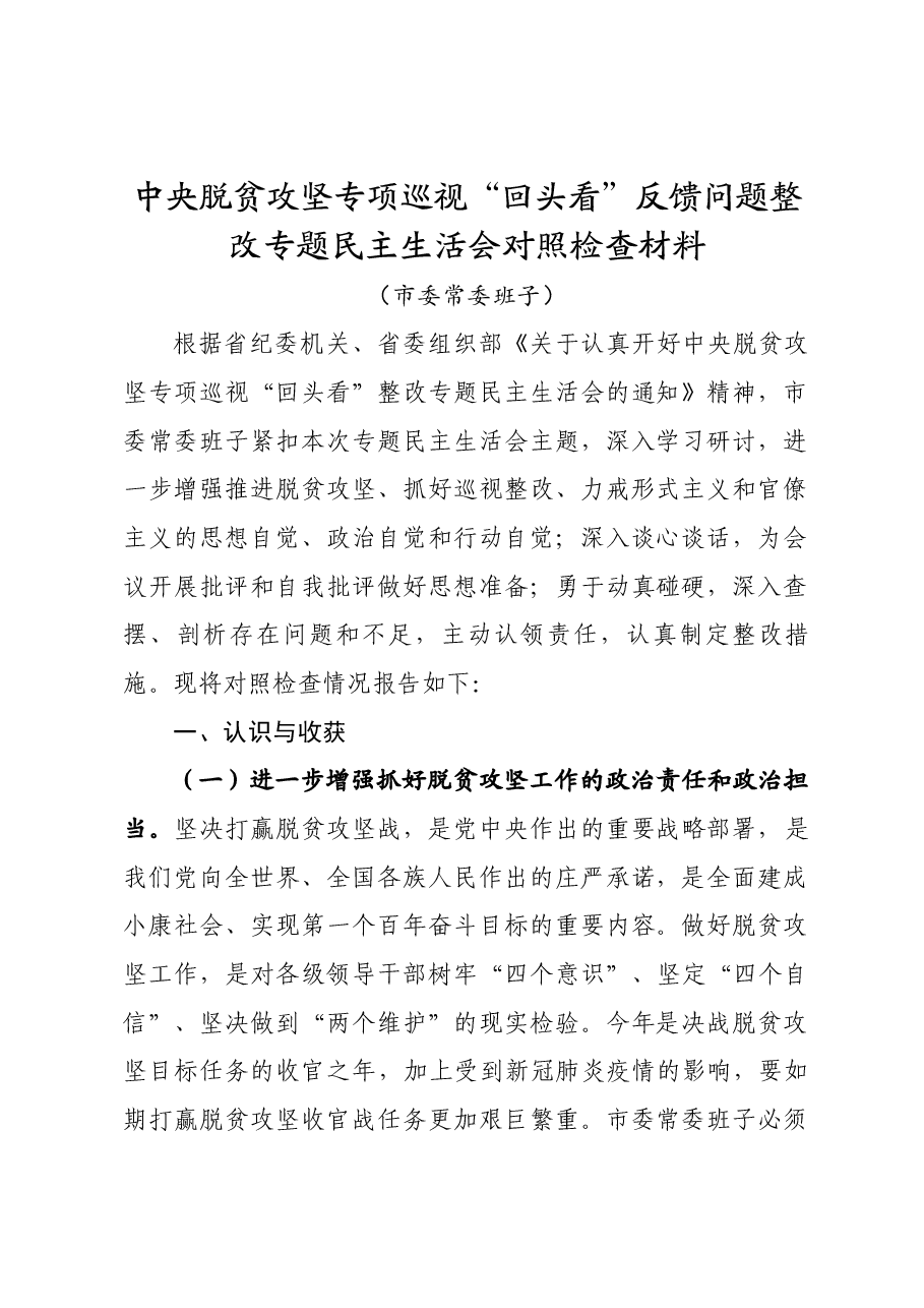 市委常委班子脱贫攻坚专题民主生活会对照检查材料).doc,第1页预览