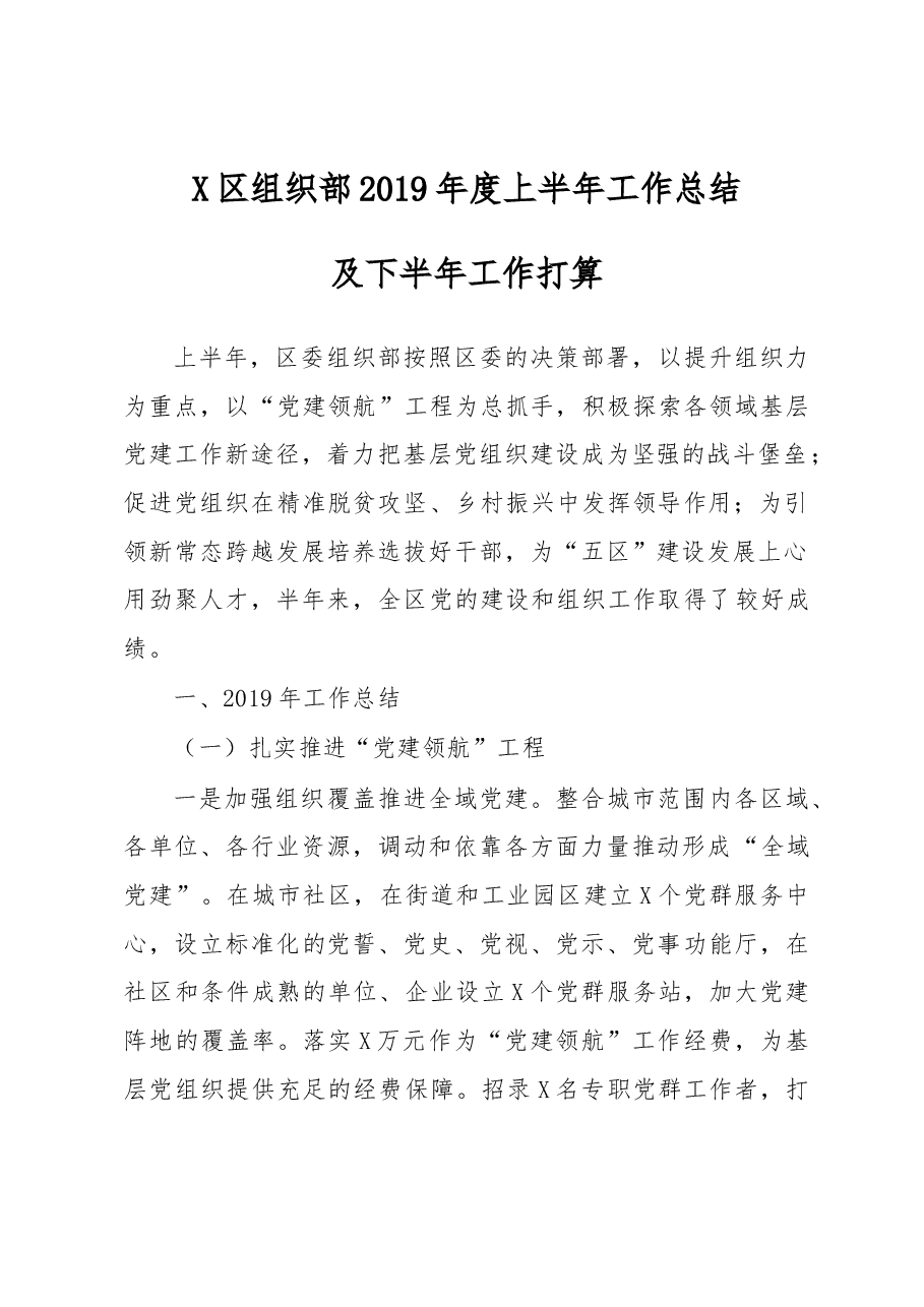 组织部2019年度上半年工作总结及下半年工作打算.docx,第1页预览