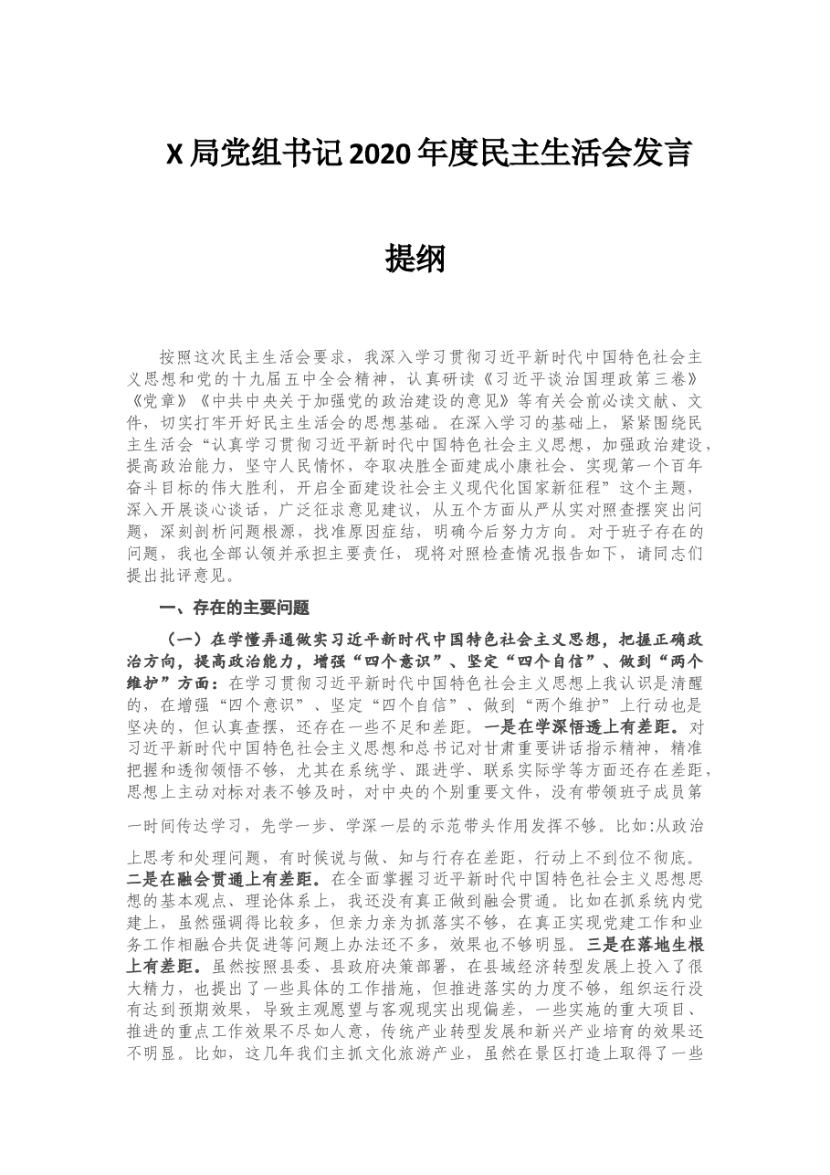 X局党组书记2020年度民主生活会发言提纲.doc，第1页预览