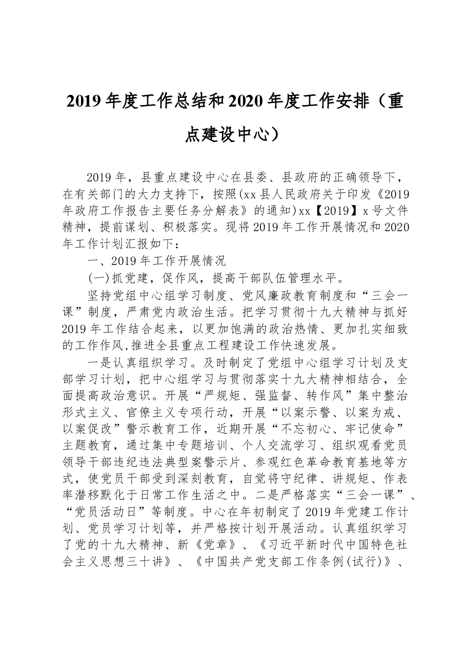 2019年度工作总结和2020年度工作安排(重点建设中心).docx,第1页预览