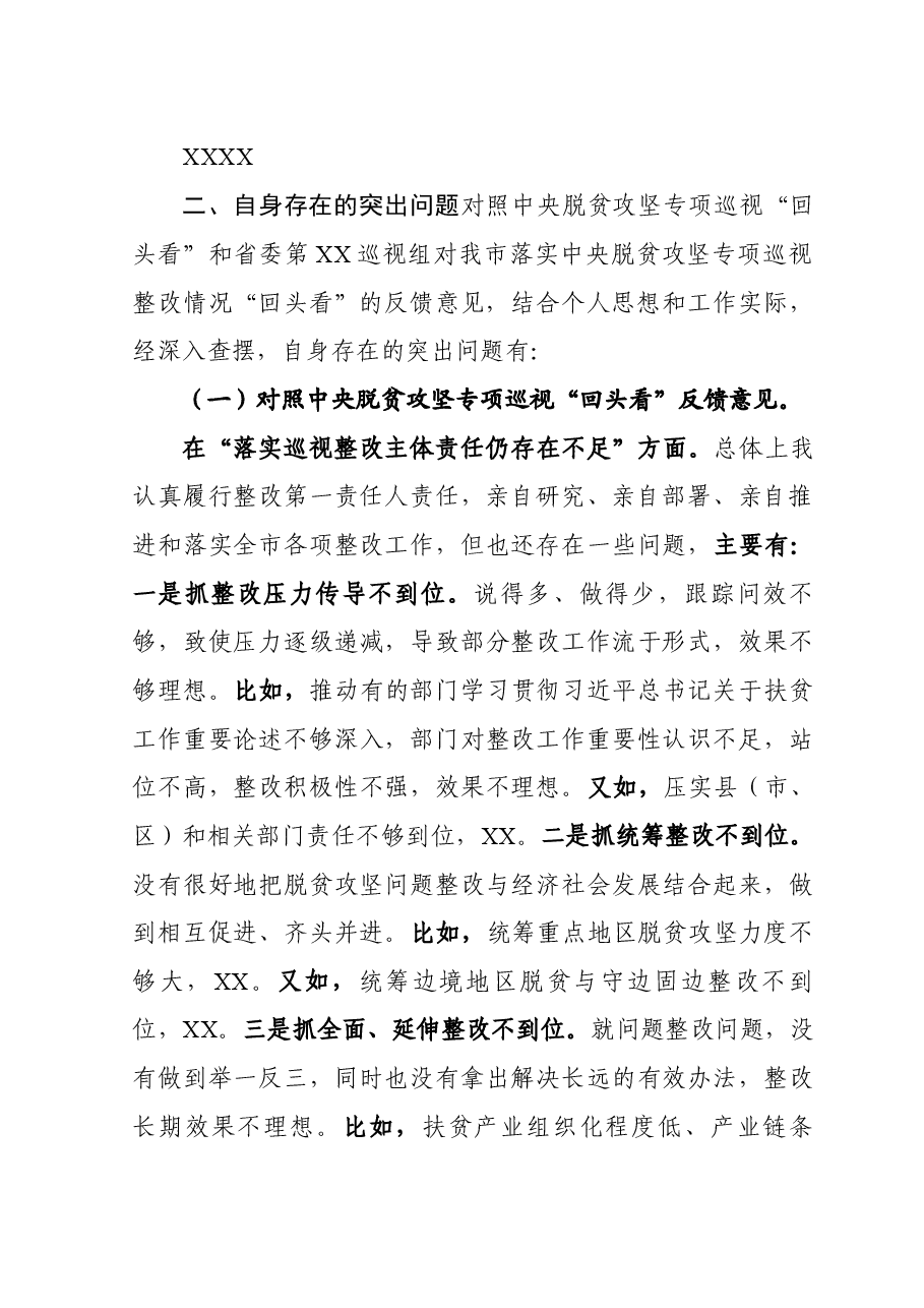 市委书记中央脱贫攻坚专项巡视回头看反馈问题整改专题民主生活会对照检查材料.doc,第3页预览