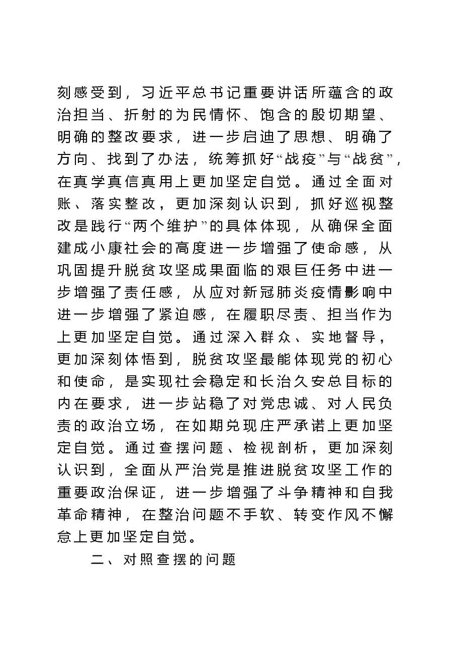 脱贫攻坚专项巡视回头看反馈问题整改专题民主生活会对照检查材料.doc,第2页预览