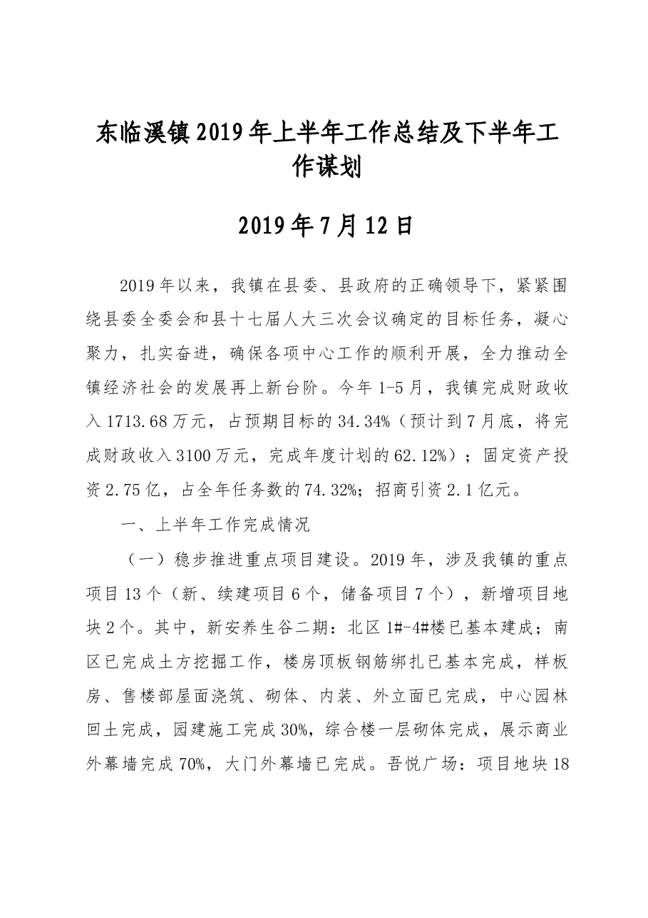 东临溪镇2019年上半年工作总结及下半年工作谋划.docx,第1页预览