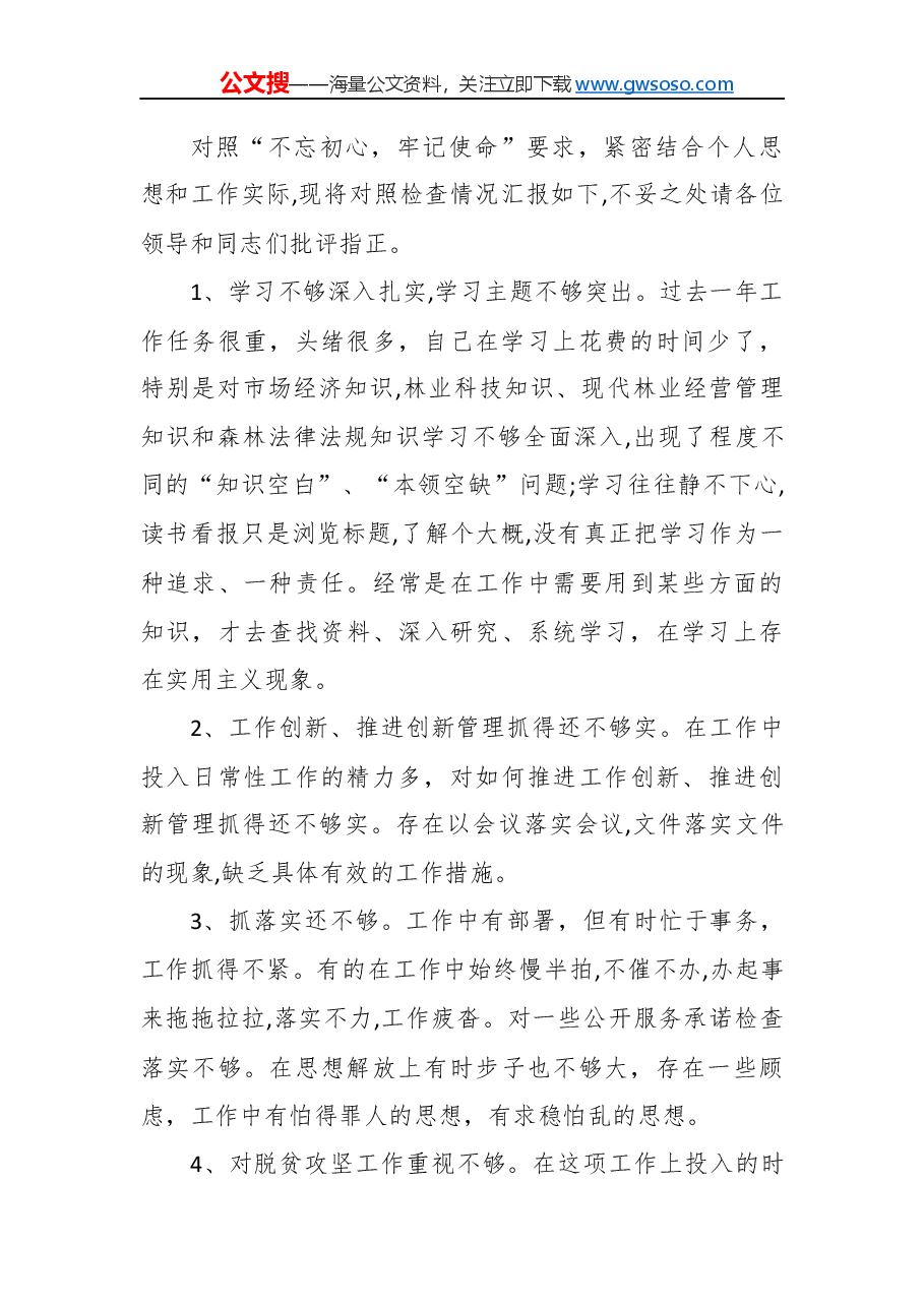 “不忘初心，牢记使命”民主生活会对照检查材料（二）.docx，第2页预览