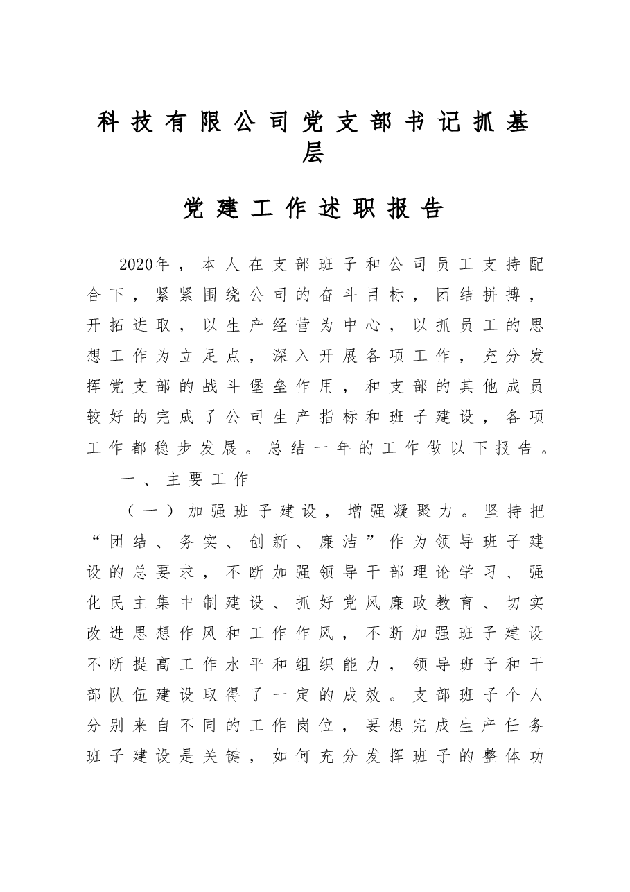 科技有限公司党支部书记抓基层党建工作述职报告.docx,第1页预览