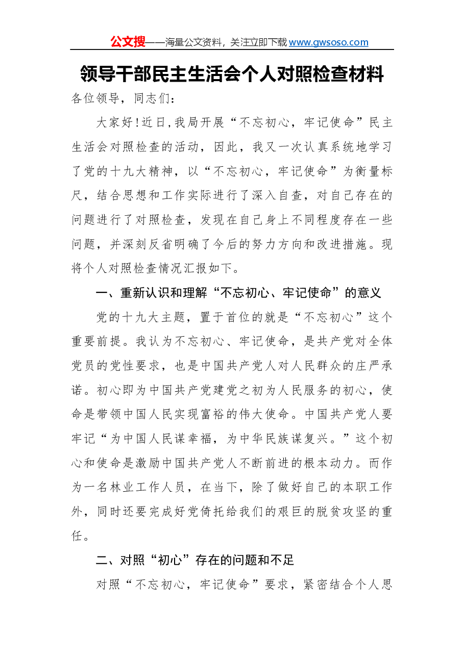 领导干部民主生活会个人对照检查材料（二）.docx，第1页预览