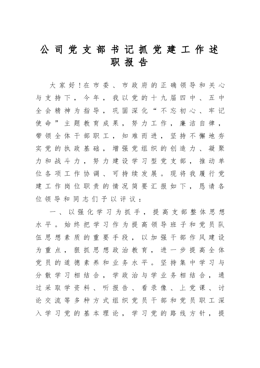 公司党支部书记抓党建工作述职报告.doc，第1页预览