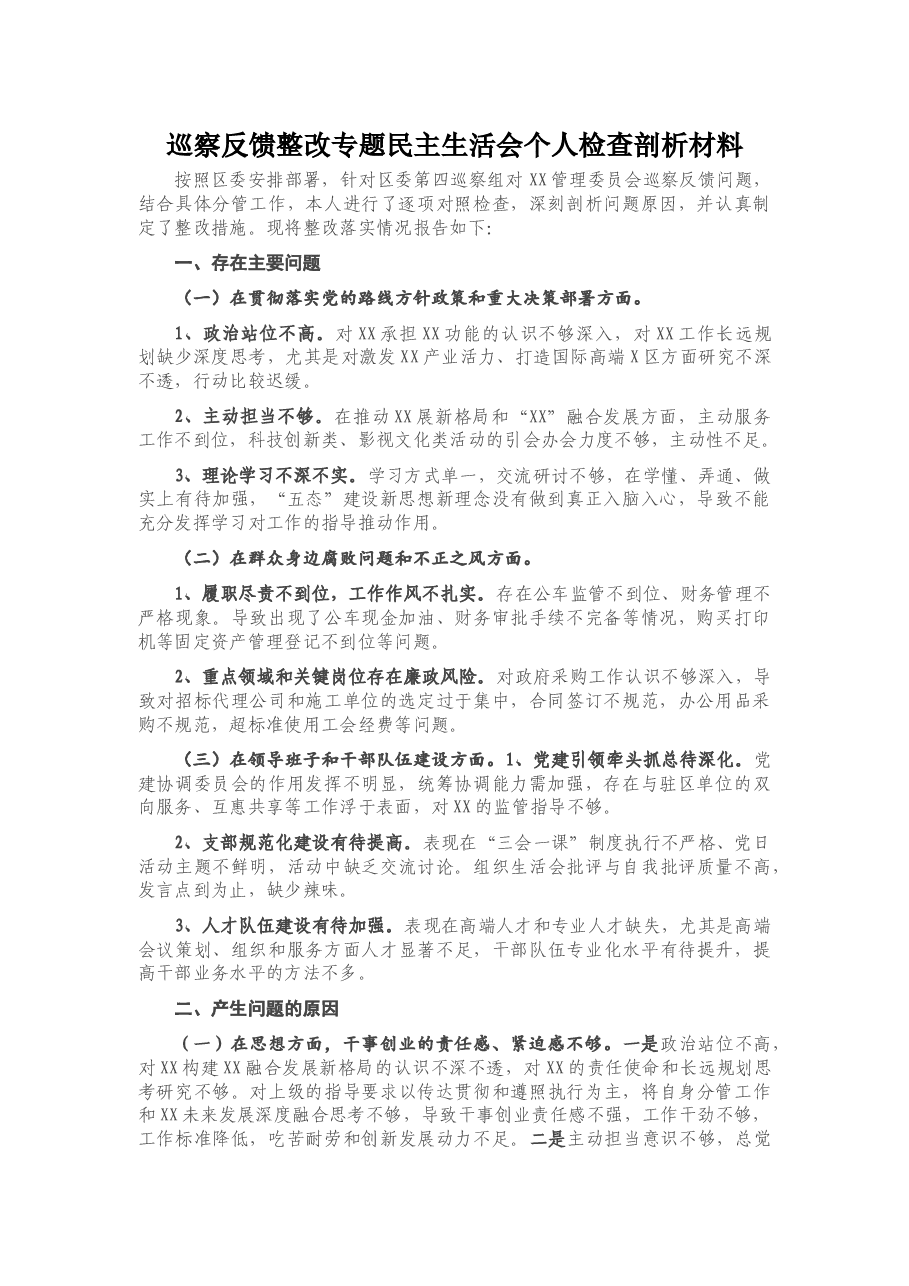 巡察反馈整改专题民主生活会个人检查剖析材料.docx,第1页预览