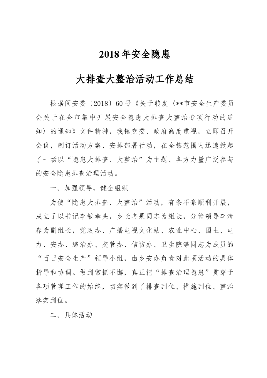 安全隐患大排查大整治活动工作总结.docx,第1页预览