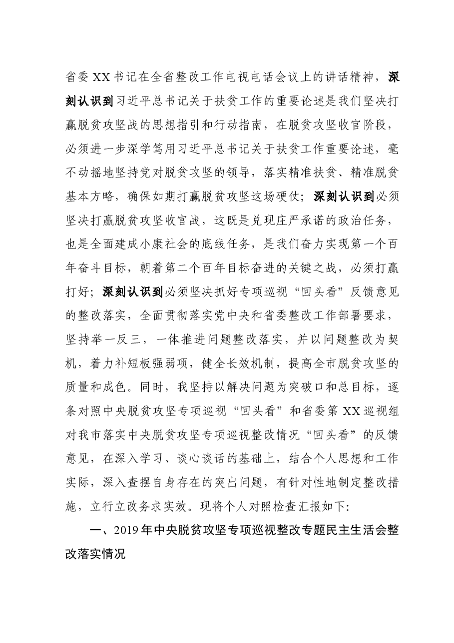 市委书记中央脱贫攻坚专项巡视回头看反馈问题整改专题民主生活会对照检查材料.doc,第2页预览