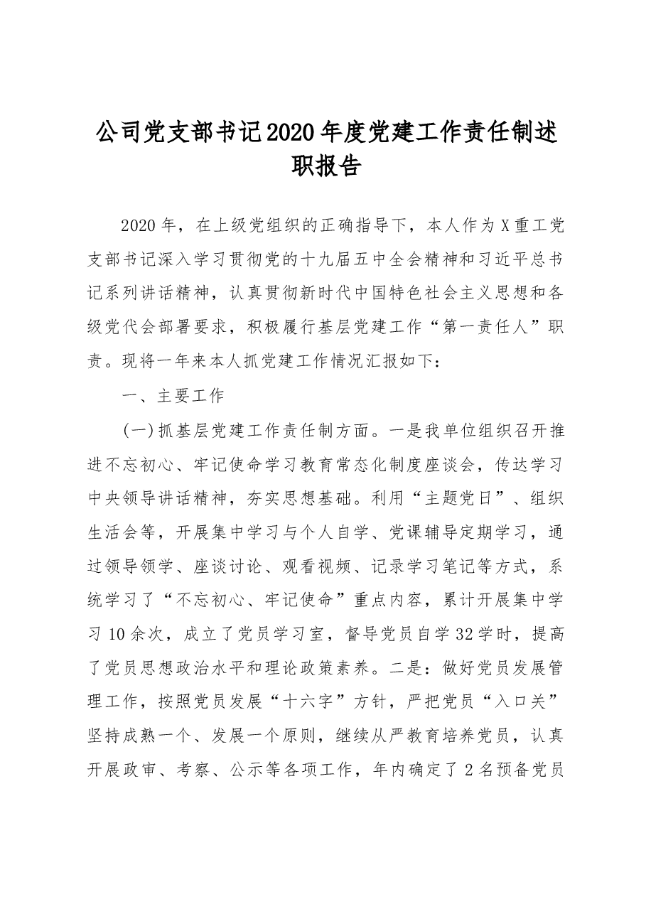 公司党支部书记2020年度党建工作责任制述职报告.docx，第1页预览