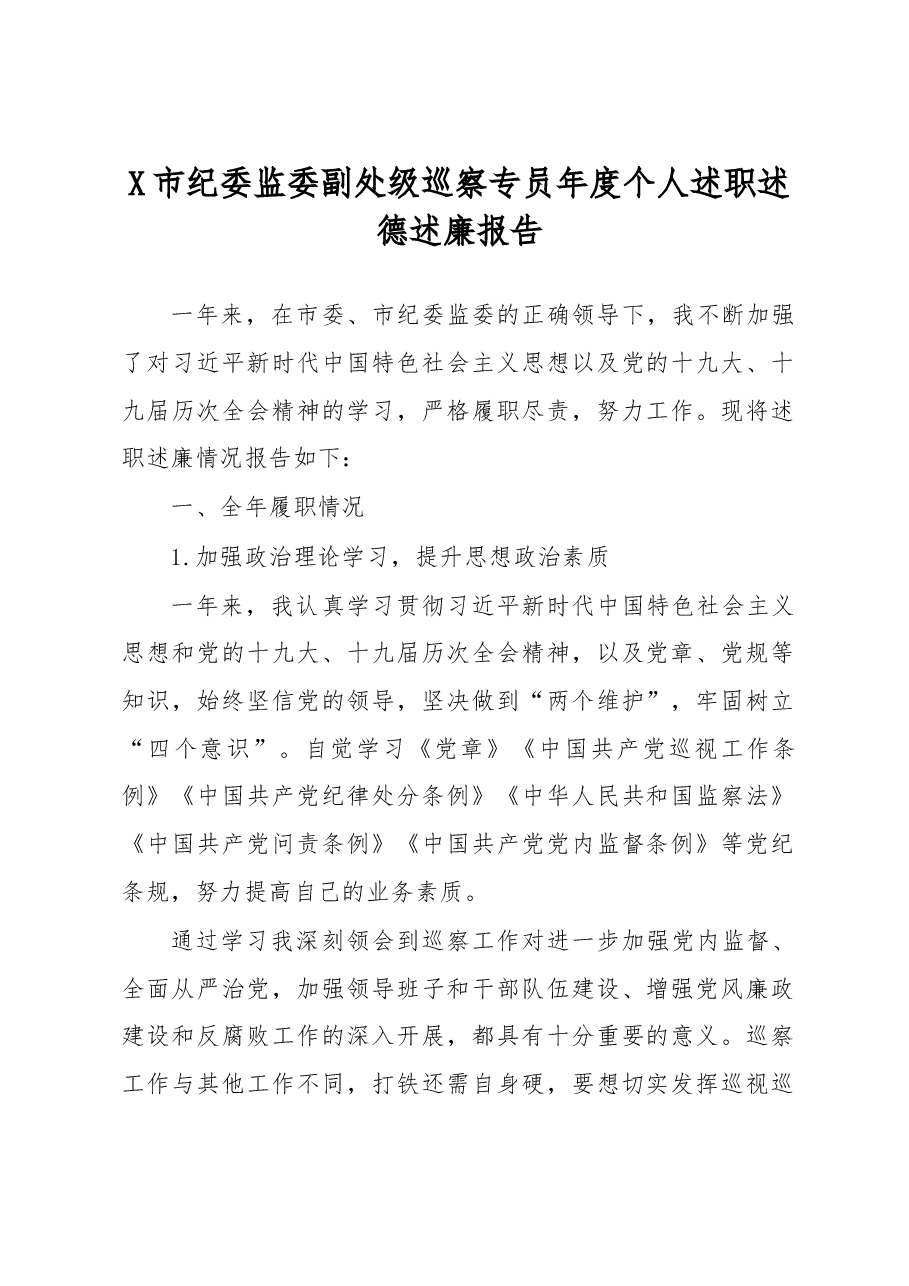 纪委监委副处级巡察专员年度个人述职述德述廉报告.doc,第1页预览