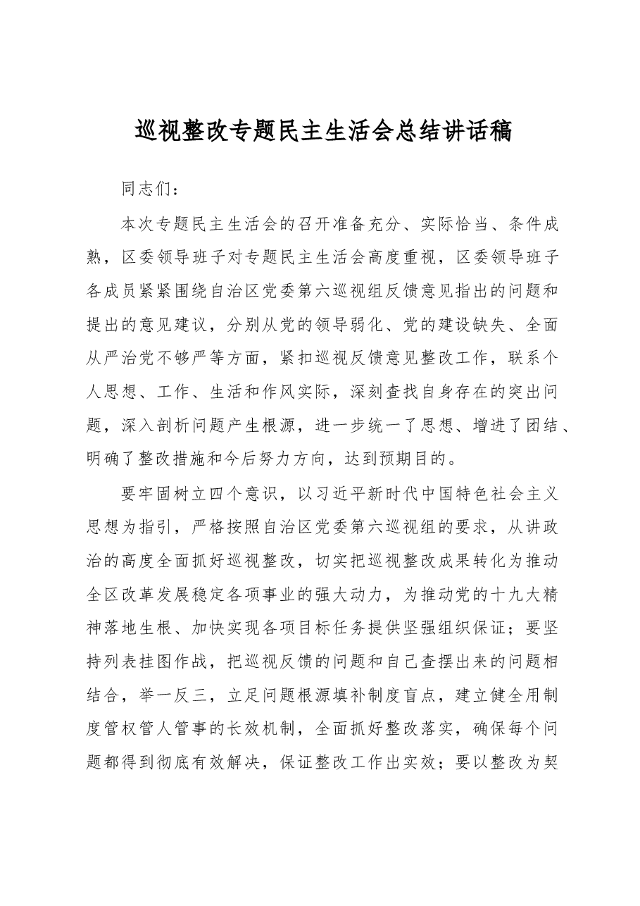 巡视整改专题民主生活会总结讲话稿.docx,第1页预览