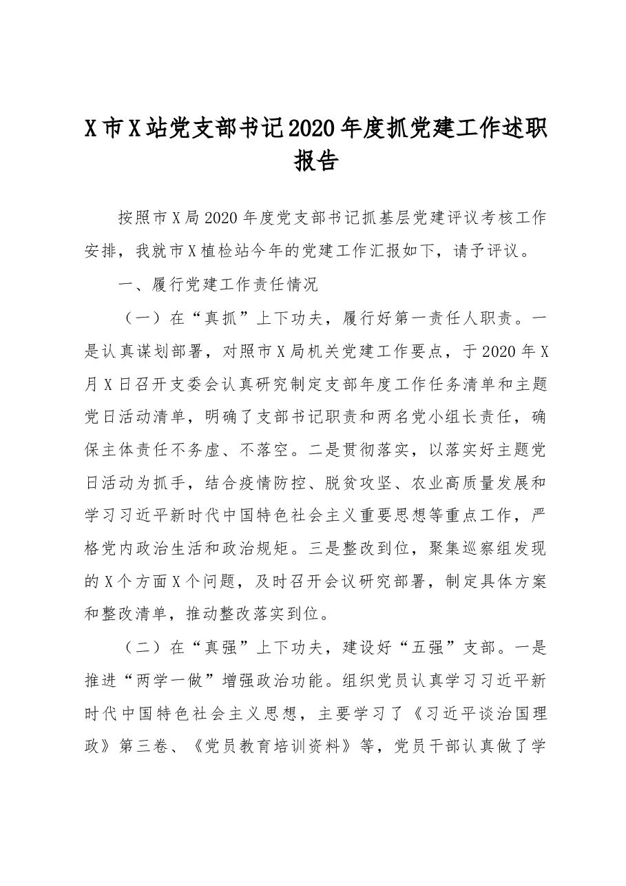 X市X站党支部书记2020年度抓党建工作述职报告.docx,第1页预览
