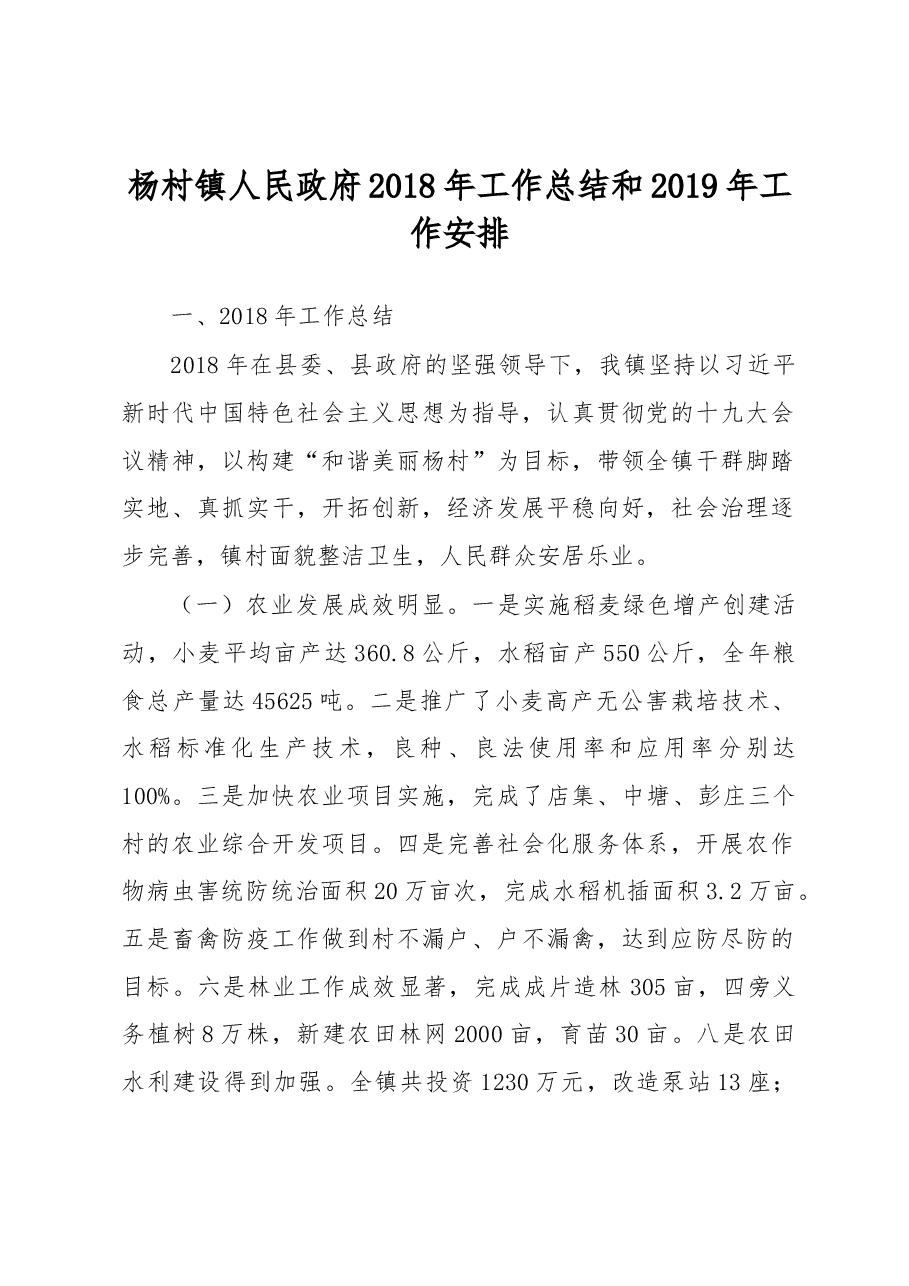 杨村镇人民政府2018年工作总结和2019年工作安排.docx,第1页预览