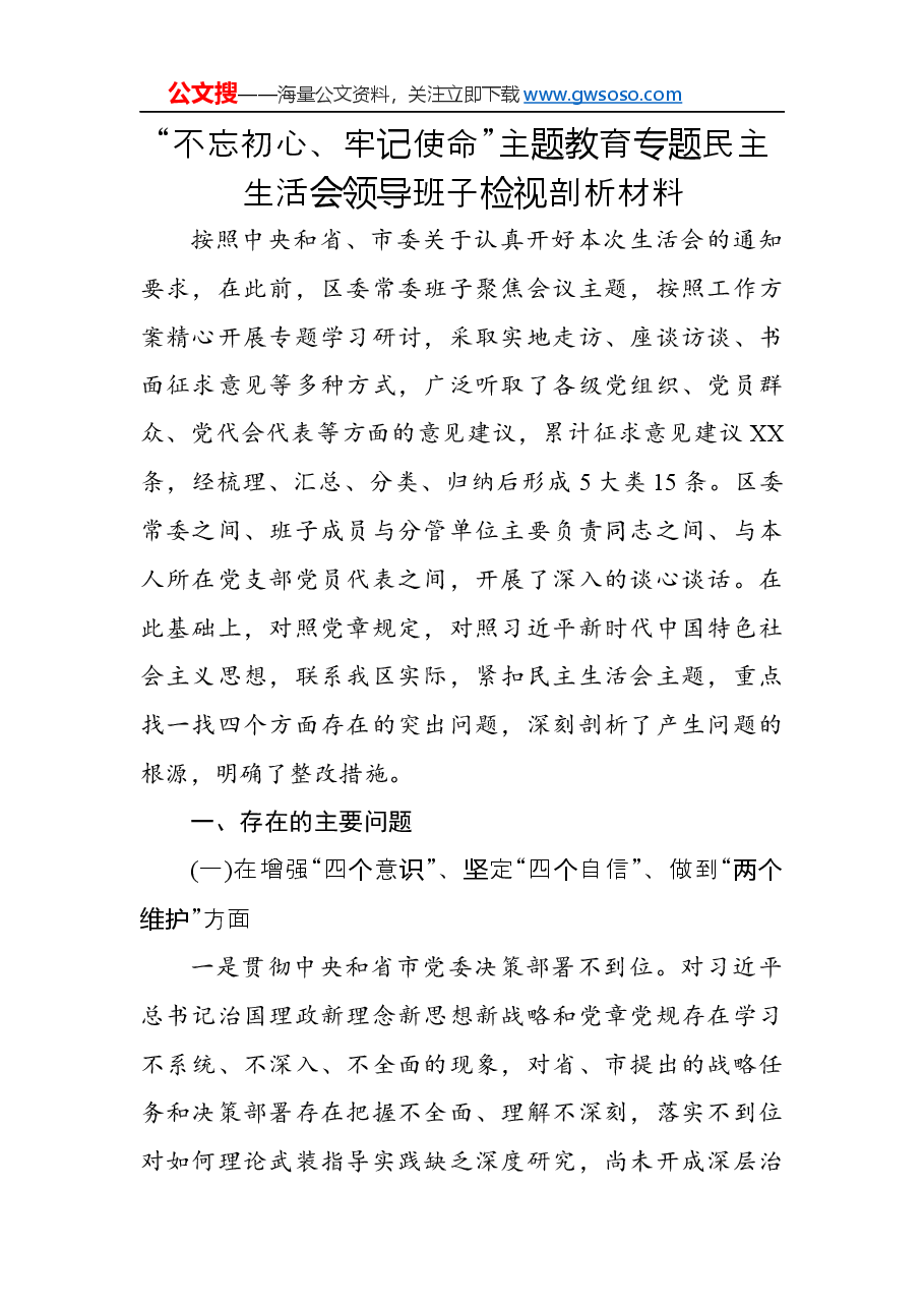 “不忘初心、牢记使命”主题教育专题民主生活会领导班子检视剖析材料.docx,第1页预览