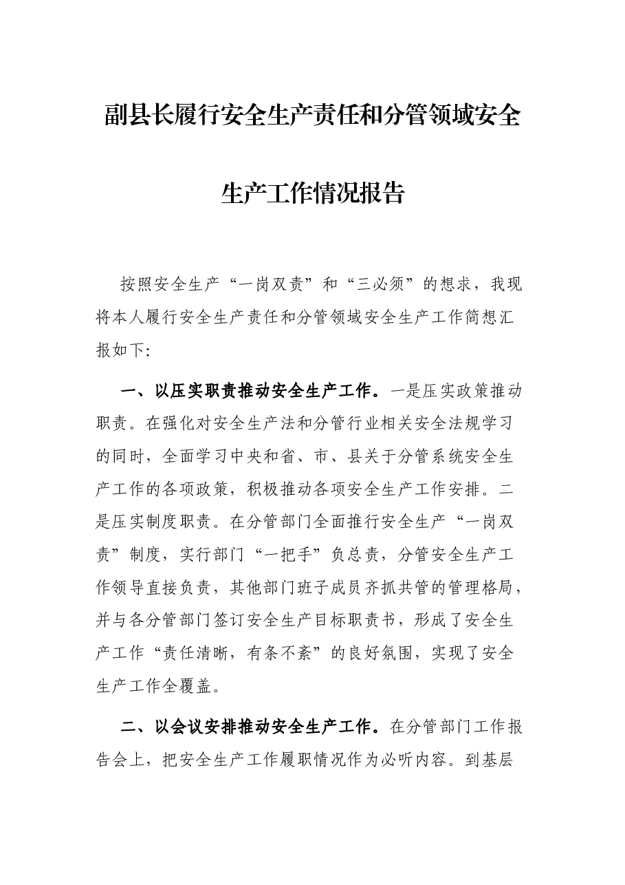 副县长履行安全生产责任和分管领域安全生产工作情况报告.docx,第1页预览