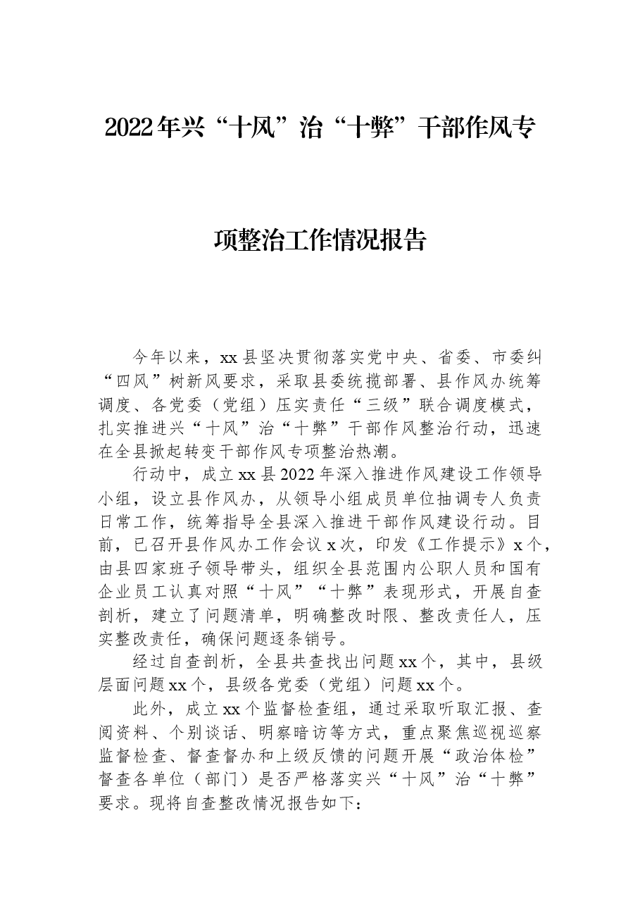 2022年兴“十风”治“十弊”干部作风专项整治工作情况报告.docx,第1页预览