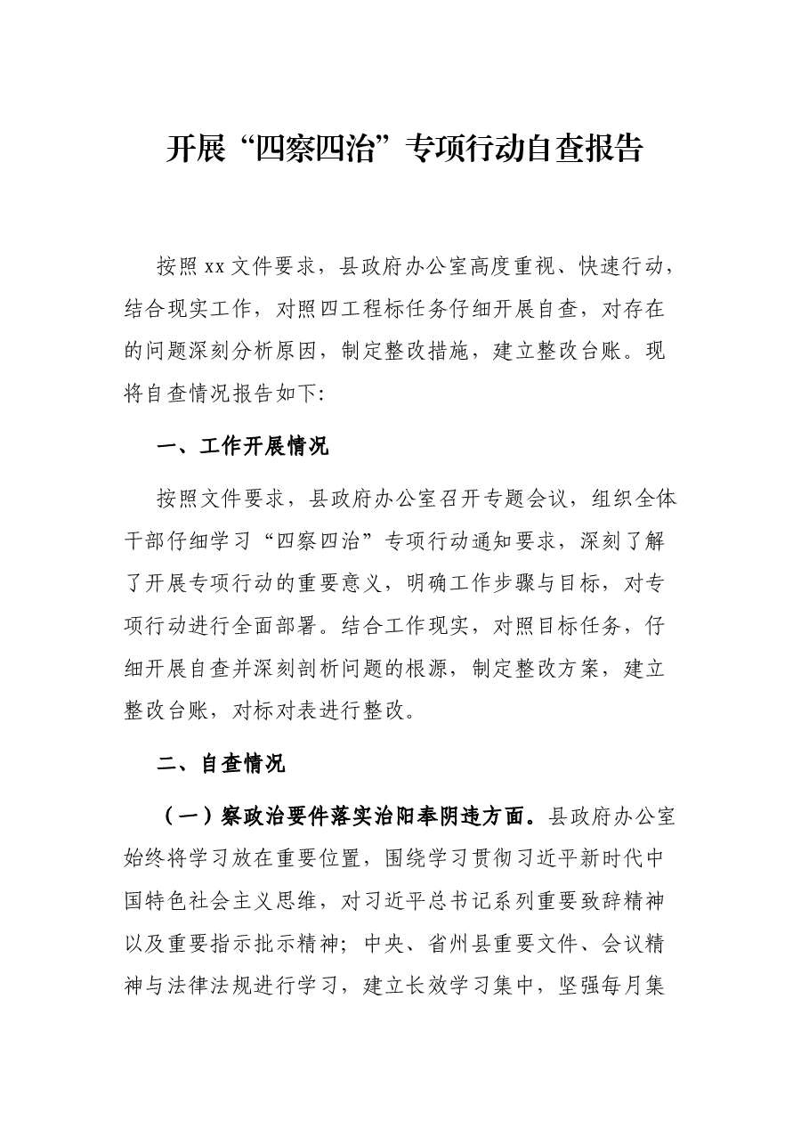 开展“四察四治”专项行动自查报告.docx,第1页预览