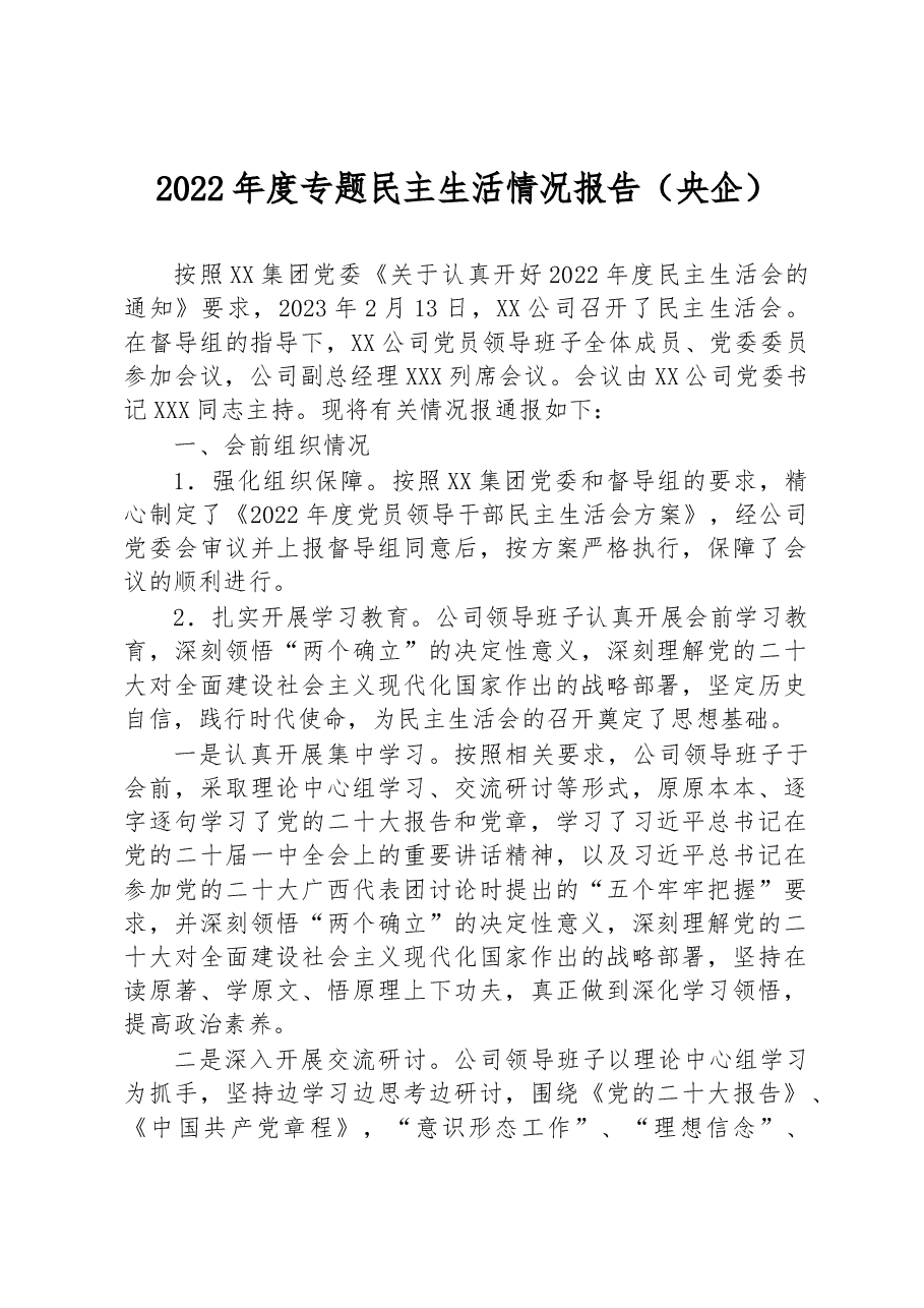 2022年度专题民主生活情况报告(央企).docx,第1页预览