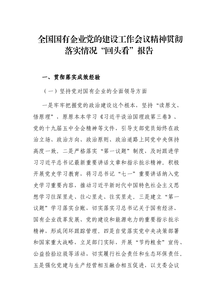 全国国有企业党的建设工作会议精神贯彻落实情况“回头看”报告.docx,第1页预览