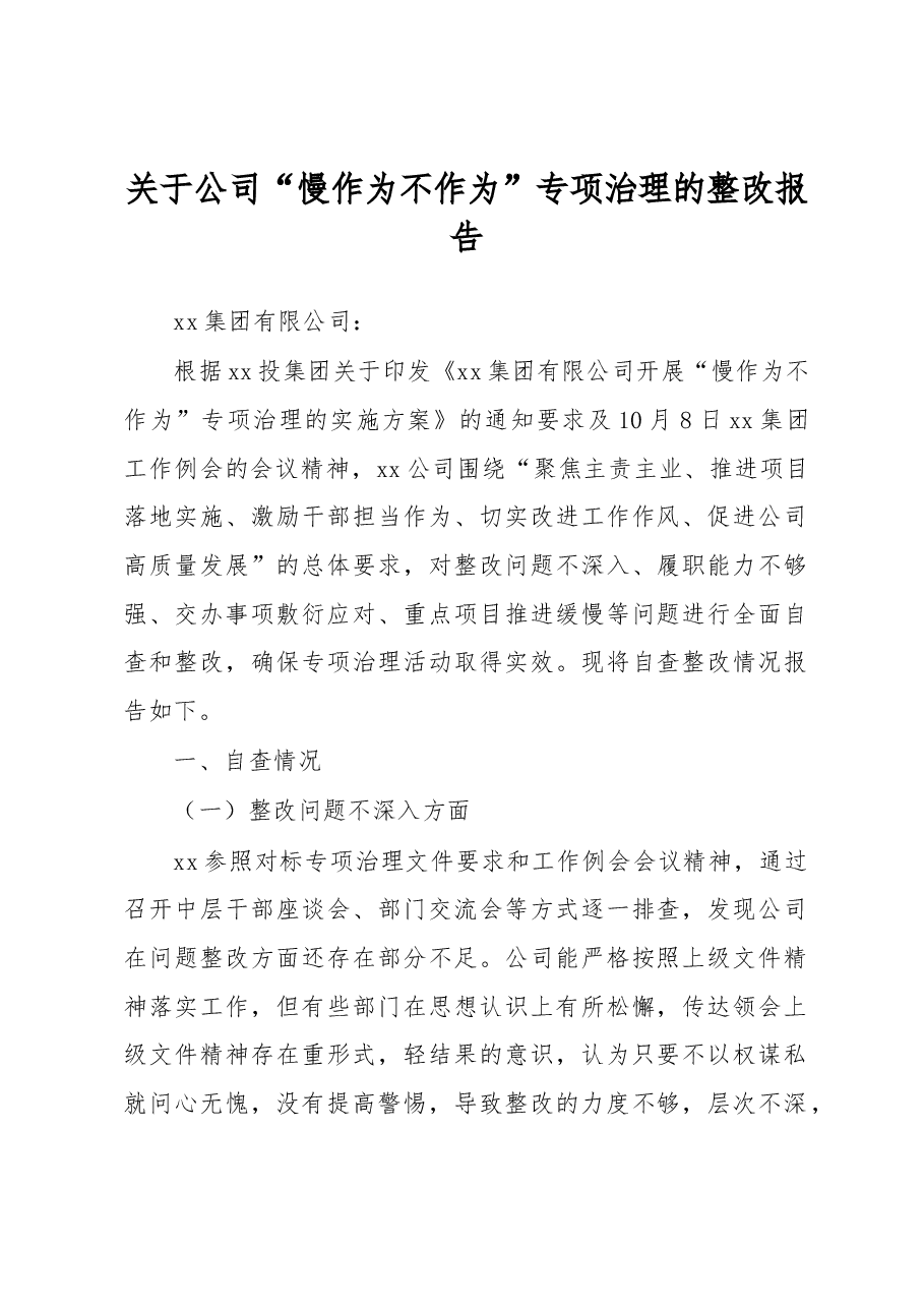 关于公司“慢作为不作为”专项治理的整改报告.docx，第1页预览