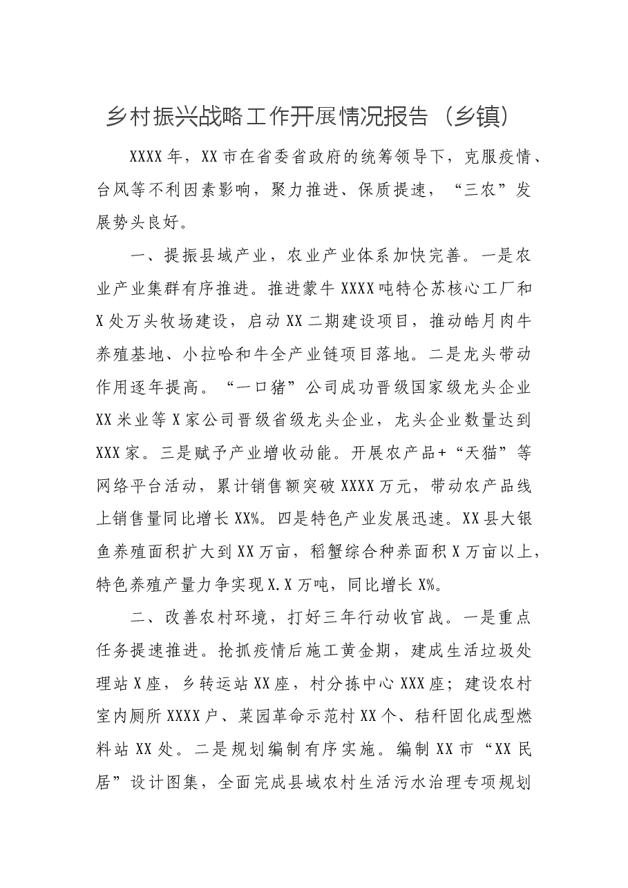 乡村振兴战略工作开展情况报告(乡镇).docx,第1页预览